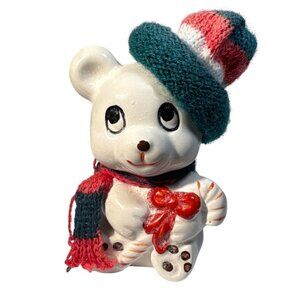 Christmas Bear Figurine With Candy Cane & Knitted Hat & Scarf Vintage Ceramic